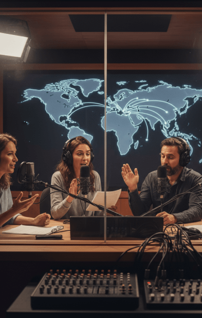 A native speakers talent records French Voiceover Services in a studio booth, delivering a compelling read for an ad video.