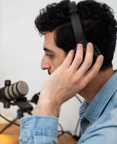 A voice artist reads a script with warm tone as language voice over services focus on clear, natural audio delivery.