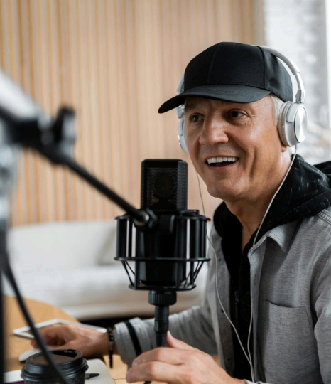 A voice actor records Italian Voice Over Services with natural delivery, watching timing notes to keep speech smooth.