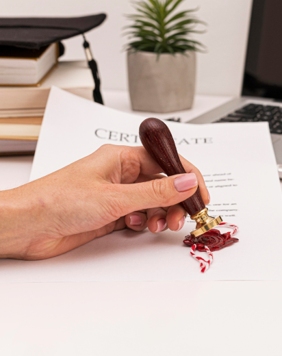 A notary watches the translator sign the certificate for a birth certificate translation, then adds a notarized seal.