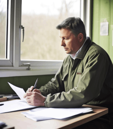 An individual organizes stamped forms at a desk, using Hungarian translation services for official paperwork clarity.
