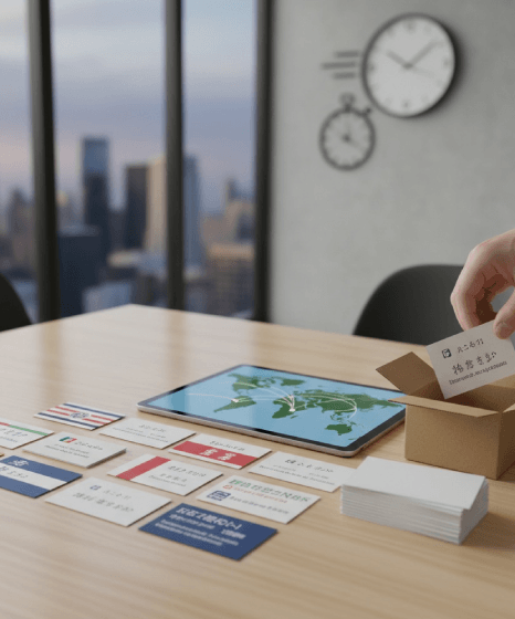 A client submits an online form to start business card translation, uploading a card file and choosing a language.