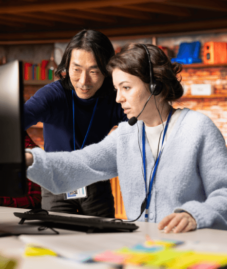 A captioner performing multilingual open captioning services to help customers get accurate captions in different languages.