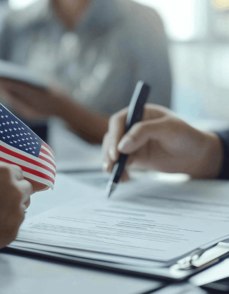 A translator assembles a USCIS immigration packet while Swedish translation services include a signed certification page.