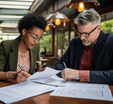 Two researchers compare a patent draft to a certified version after Gujarati Translation Services standardizes terms.