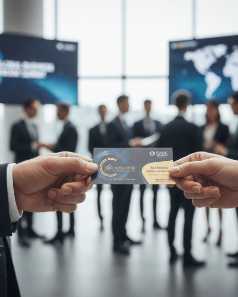 Two attendees shake hands at a conference after per-word business card translation made the bilingual card easy to read.