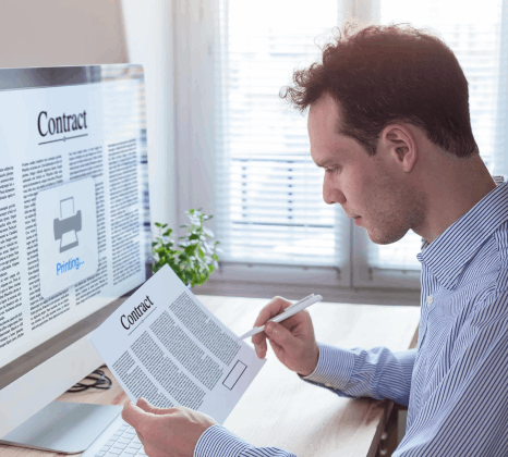 A translator checks a scanned passport and utility bill, delivering pdf translation services for official records.