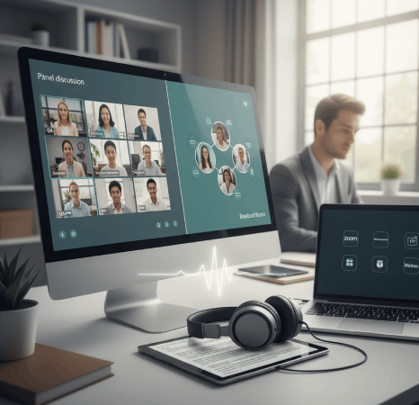 A producer uploads Zoom, Teams, and Webex audio as Webinar Transcription Services handle platform files for every content.