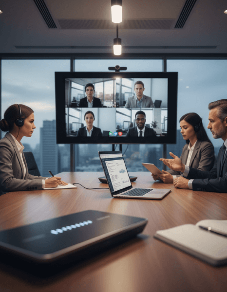 A transcriptionist completes a three-stage review on professional conference call transcription services for a complex call.