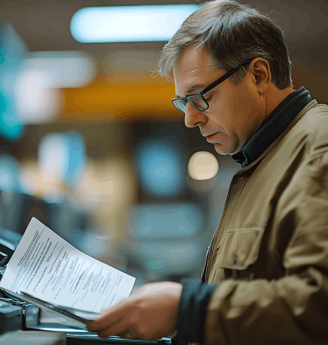 An engineer reviews a bilingual safety manual, using Malay translation services to verify technical terms and warnings.