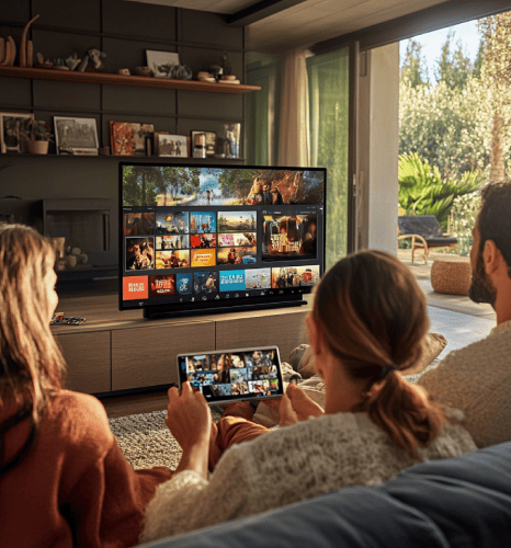 Customer enjoying Netflix with captions that make content accessible to a global audience. Customer enjoying Netflix with captions that make content accessible to a global audience.