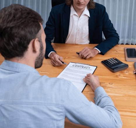 A broker reviews a bilingual purchase agreement at closing, using chinese translation services new york for real estate.