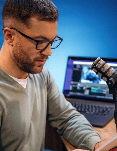 A captioner reviews an explainer video timeline, providing language subtitling services for recorded content clarity.