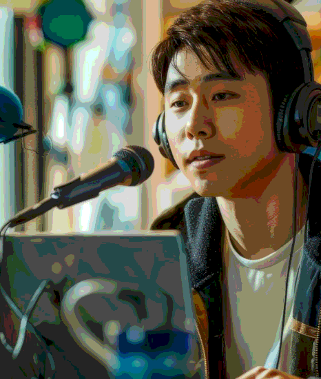 A Korean talent records from a home booth as the team manages additional Korean Voice Over Services remotely.