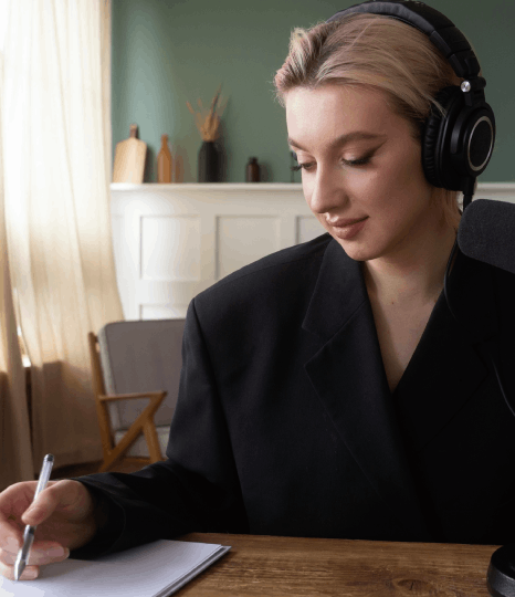 An analyst listens to research interviews and edits a verbatim transcription services.