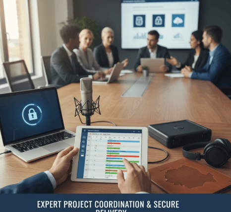 A project manager tracks Romanian VoiceOver Services files in a secure delivery portal, confirming encrypted upload