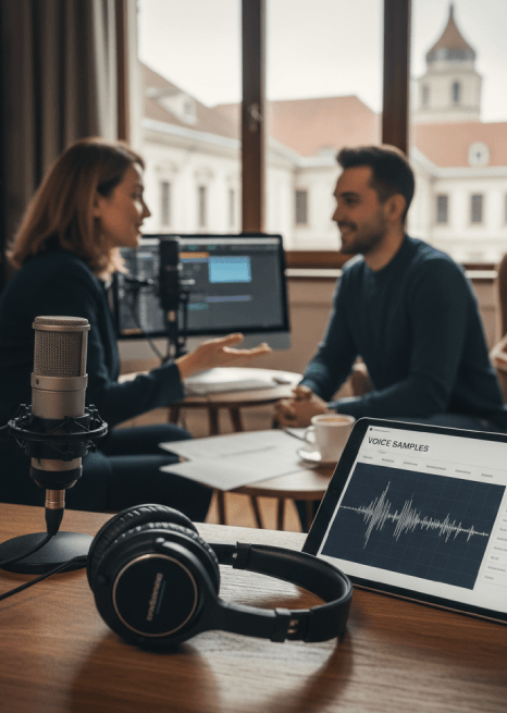 A marketing manager listens to Romanian VoiceOver Services brand voice samples on a laptop, comparing tones for a