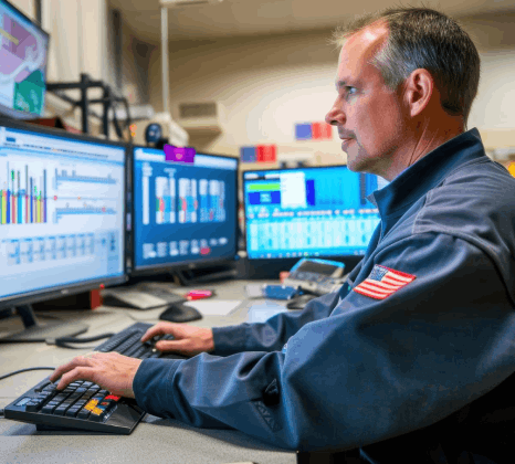 A localization specialist edits SCADA interface strings while iot translation services adapt industrial controls.