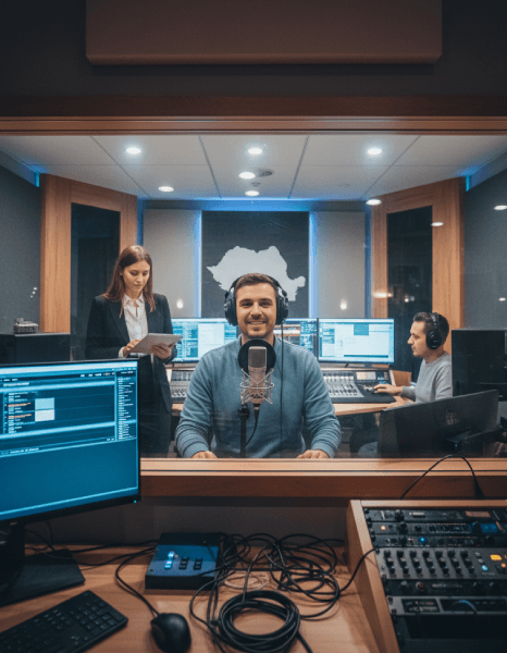 A sound engineer monitors a noise-free booth while recording Romanian VoiceOver Services, ensuring studio-quality audio