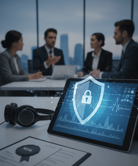 A specialist uploads audio via 256-bit encryption while conference call transcription services protect sensitive calls.