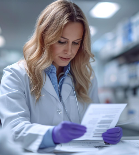 A doctor annotates terminology notes, supporting pharmaceutical translation services in New York for submissions.