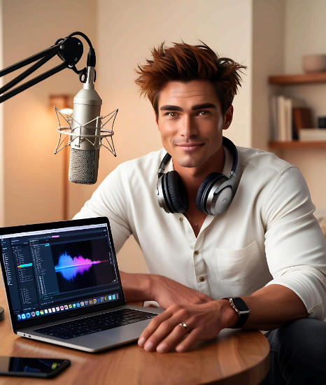 An audio editor adds music and sound effects while Haitian Creole Voice Over Services are mixed for digital and broadcast.