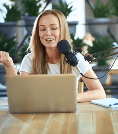A skilled female voice artist recording an audiobook. A skilled female voice artist recording an audiobook.