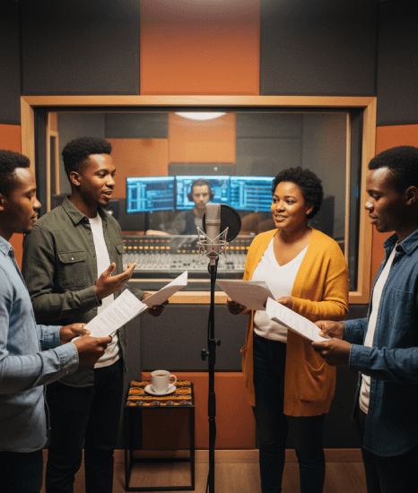 An English voice actor records in a studio booth, delivering South African Voice-Over Services with clear South African.