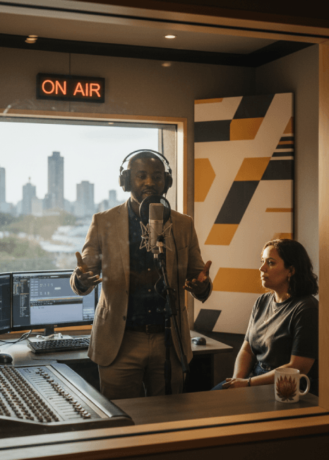 A voice actor records in a studio for quick South African Voice-Over Services, delivering a polished script for a brand. 