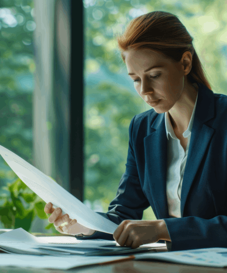 A QA lead checks figures and notes on a bilingual report to confirm financial statement translation meets quality standards.