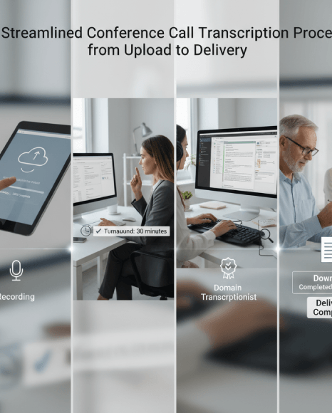 A client uploads audio and tracks status as conference call transcription services run a streamlined workflow to delivery.