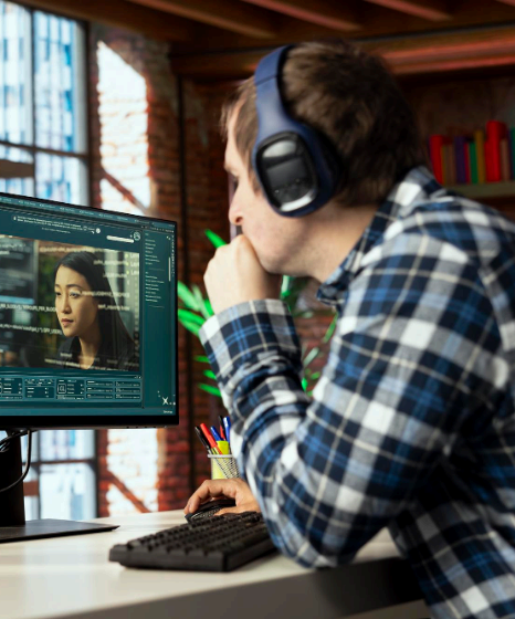 An editor exports language subtitling services in multiple formats, creating SRT and VTT files from an MP4 timeline.