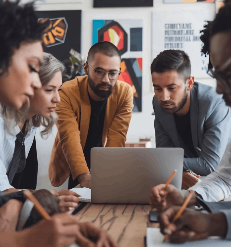 A marketing team reviews a multilingual campaign draft, using newsletter translation services to keep brand tone consistent.