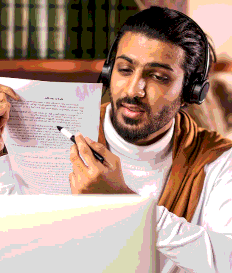 An editor checks a noisy waveform and flags unclear terms while Arabic Transcription Services capture technical details.