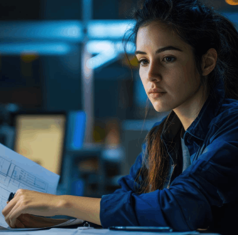 An engineer reviews a technical manual diagram while Bulgarian translation services align labels, units, and terminology.
