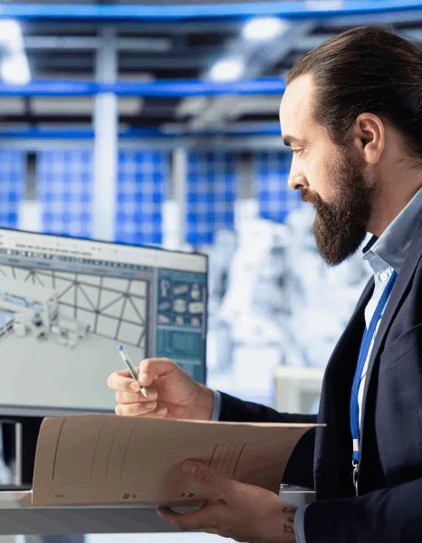 An engineer translates a radar system manual on a secure laptop, showing defence translation services for technical manuals.