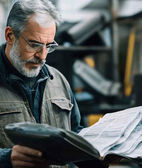 An engineer reviews a machine manual layout, using Lithuanian translation services to keep technical warnings clear.