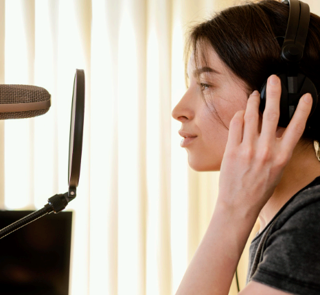 A client reviews technical Portuguese Voice Over Services in a secure portal, adding timing notes for a complex product demo.