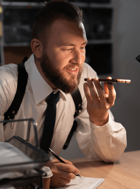 A project manager checks a multi-recording call menu list, coordinating Telephone Voiceover Services for attendant & holiday.