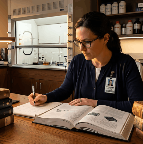 A graduate student compares thesis chapters and appendices, using life sciences translation services for academic review.