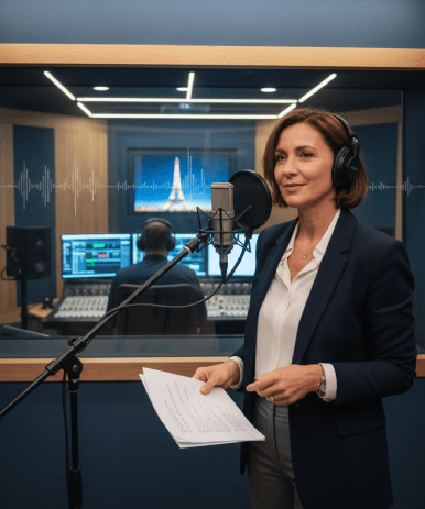 A French voice actor records a polished brand image script in a studio booth, showcasing French Voiceover Services for ads.