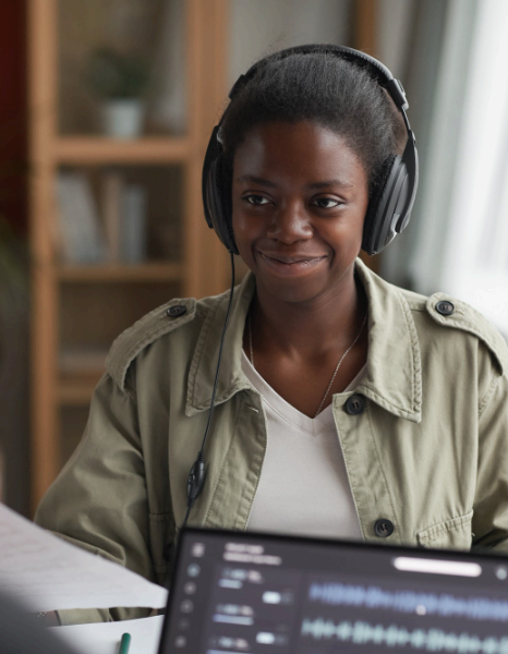 A client uploads audio to a secure portal while Somali Transcription Services protect files and track access logs.