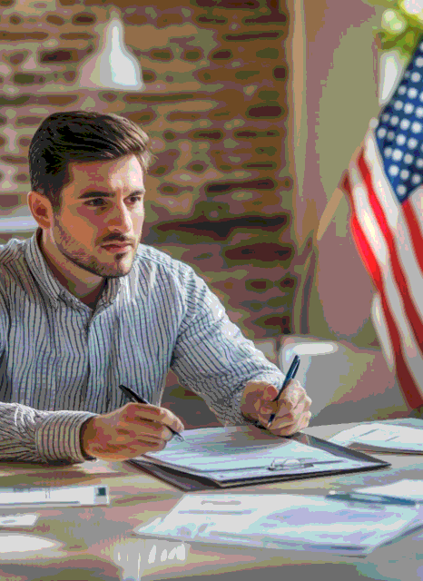 A translator prepares certified immigration pages using Laotian Translation Services, checking names, stamps, and seals.