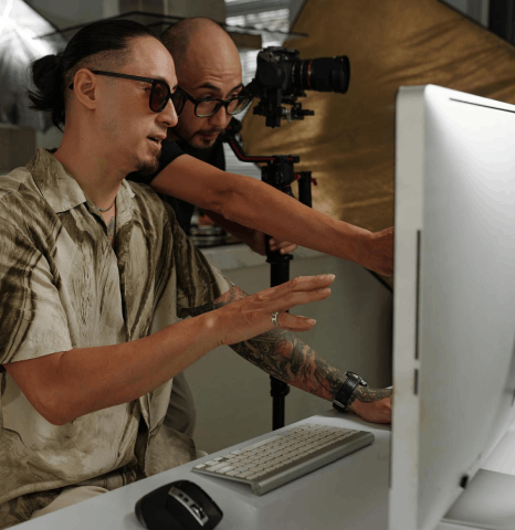 A producer checks Indonesian captions and on-screen text, using Indonesian translation services to localize training videos.