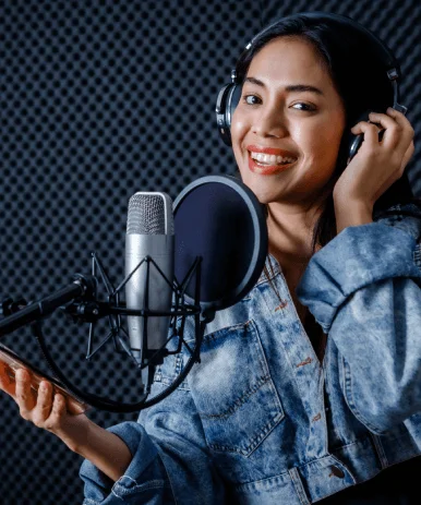 An expert voice artist recording for voice-over project