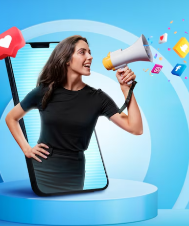 Enthusiastic woman with a megaphone surrounded by social media icons, representing Online Ads Transcription services.