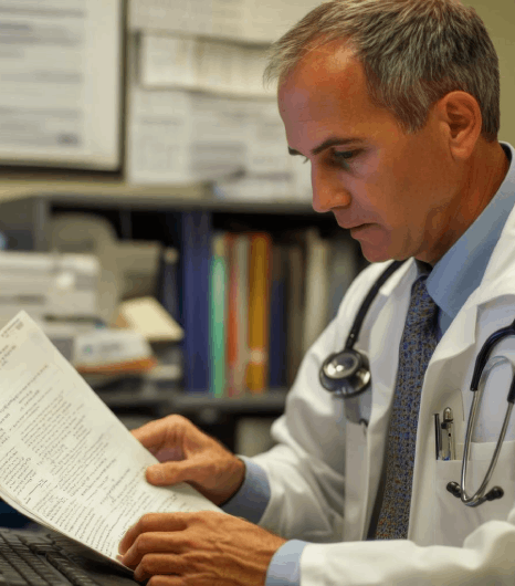 A clinician reviews a consent form while Swedish translation services ensure accurate medical terminology for compliance.
