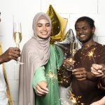 Close up colleagues partying together