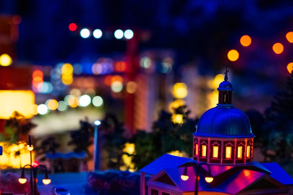 Night city lights soft focus, miniature