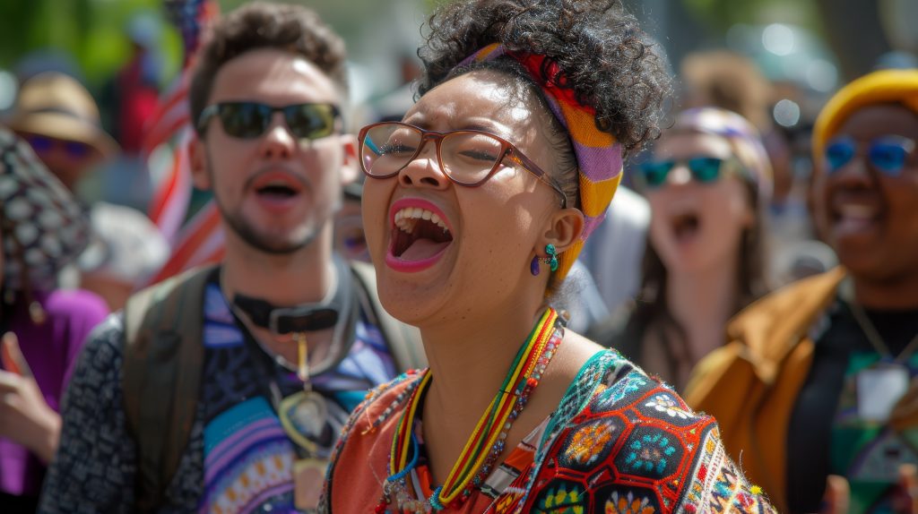 Diverse crowd of people smiling and participating together at a vibrant multicultural celebration festival event